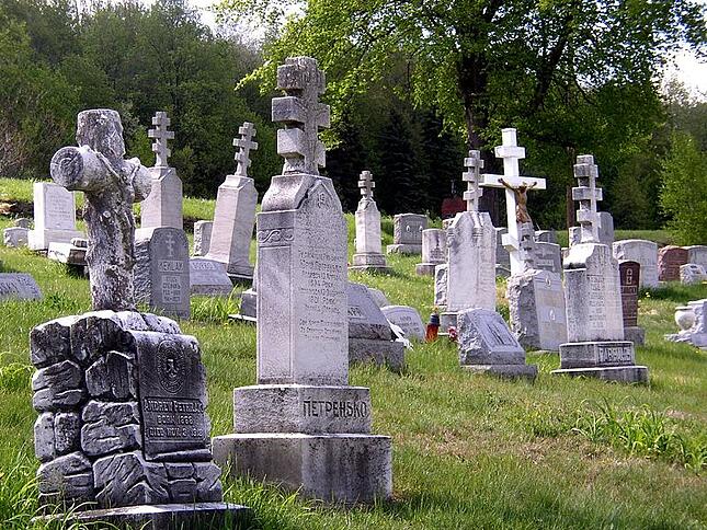 Cemetary with large, elaborate tombstones